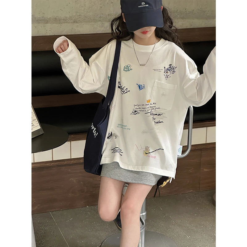 K28371手绘涂鸦女童长袖T恤2025春装新款儿童打底衫春秋上衣休闲t