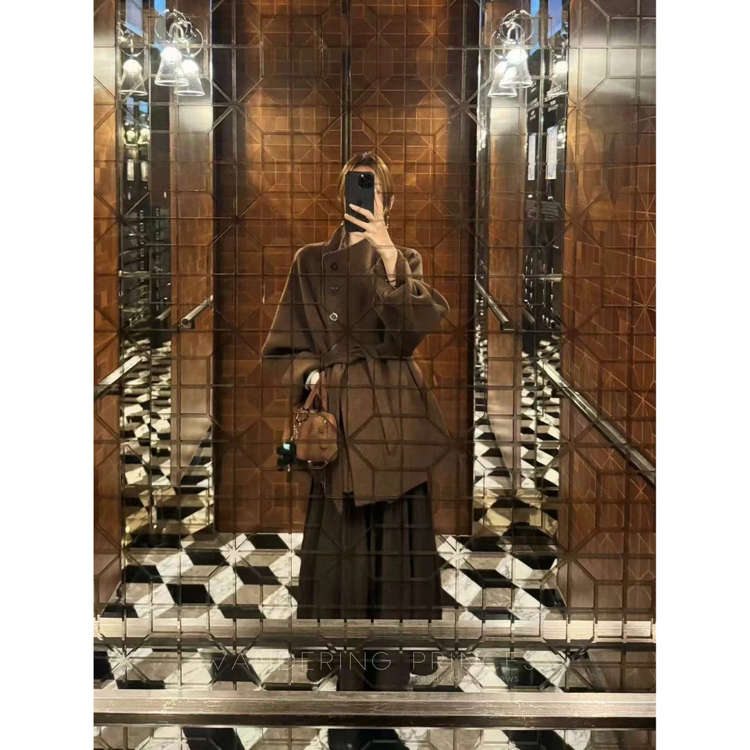 咖啡色双面呢子大衣女2025秋冬季轻奢毛呢外套韩系减龄系带呢大衣