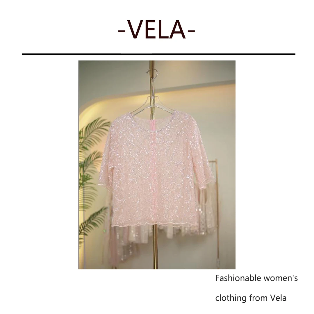 VELA 粉蕾丝温柔风粉粉T恤女上衣亮片蕾丝气质