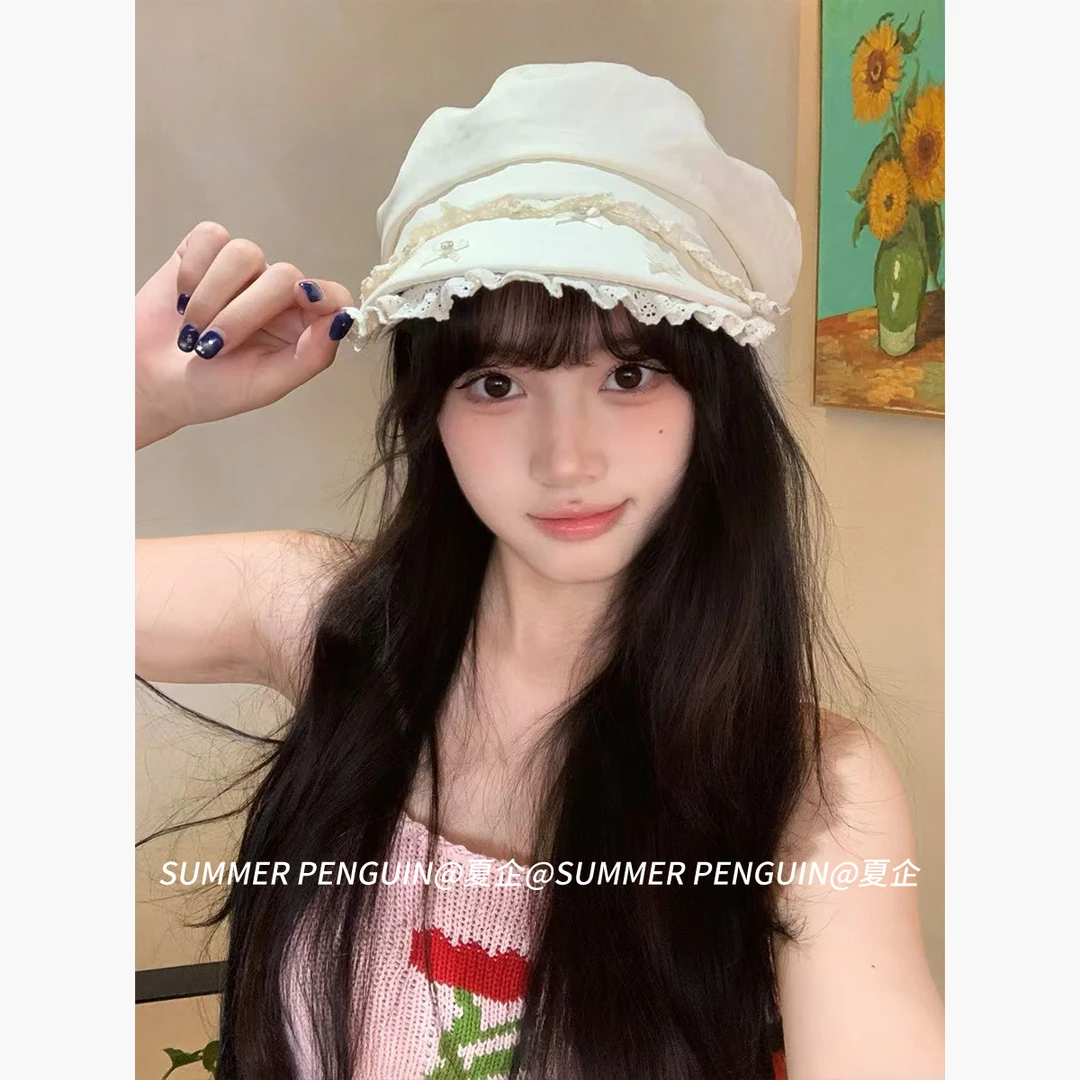 SUMMER PENGUIN可爱纯色蕾丝蝴蝶结贝雷帽女春夏季百搭休闲帽子