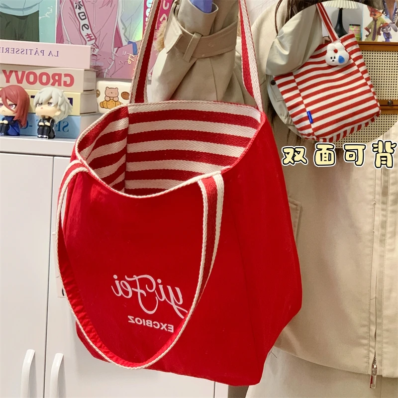 红色帆布包韩系慵懒风包包2025新款女大容量托特布包大红色单肩袋