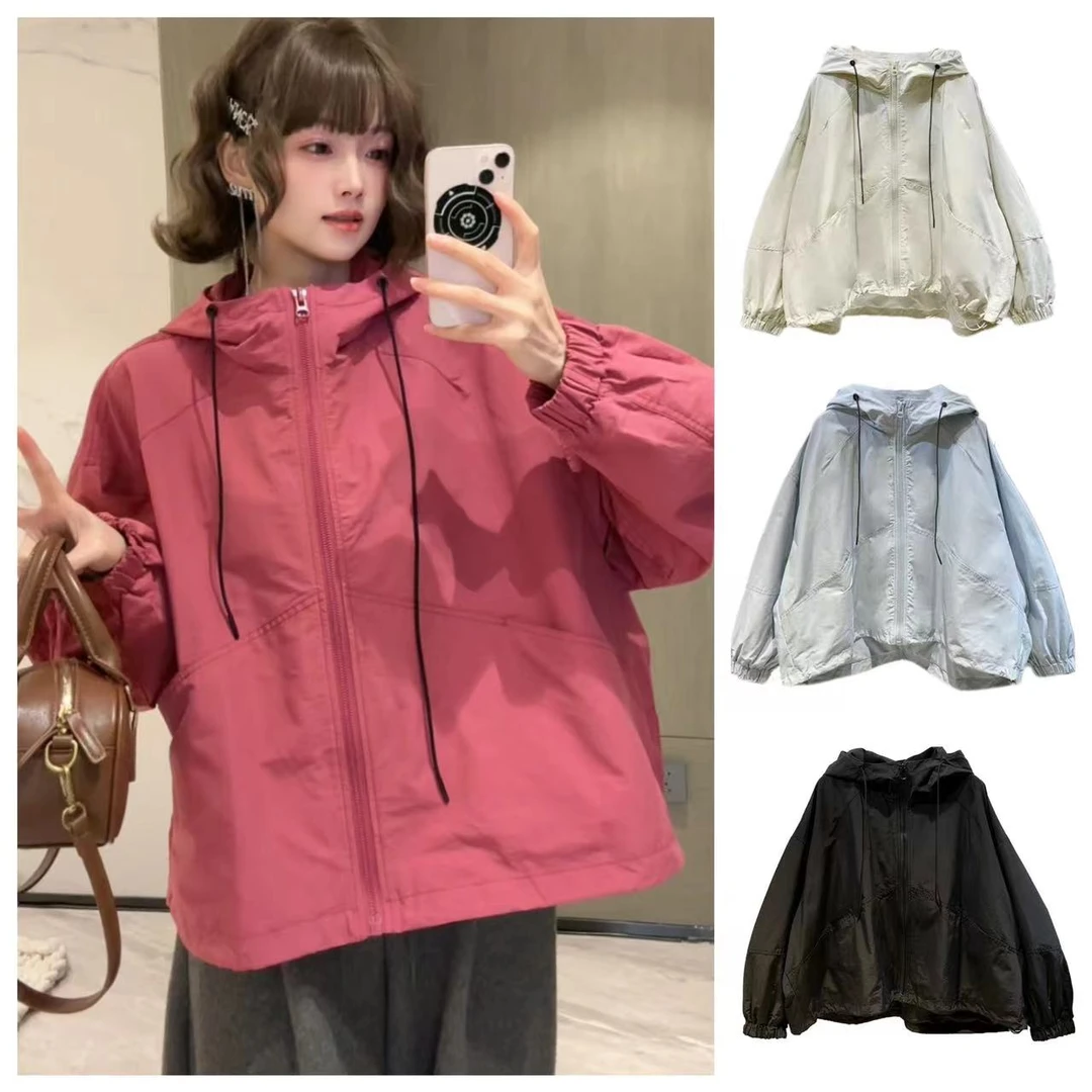 双层带内衬简约时尚连帽冲锋衣外套女2025新款爆款春大版夹克上衣