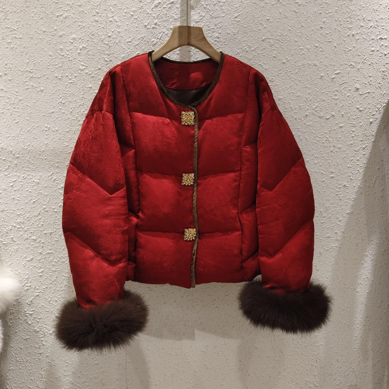 2024冬季新款精品狐狸毛保暖羽绒服白鸭绒外套气质国风新中式上衣