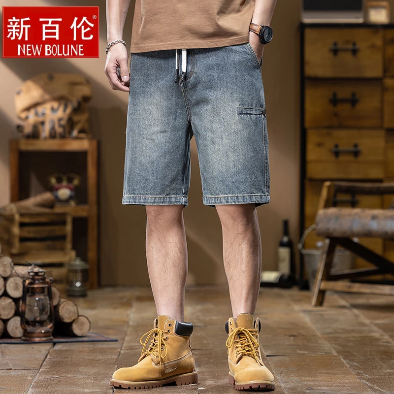新百伦怀旧蓝牛仔短裤男士2025夏季新款宽松直筒薄款五分休闲中裤