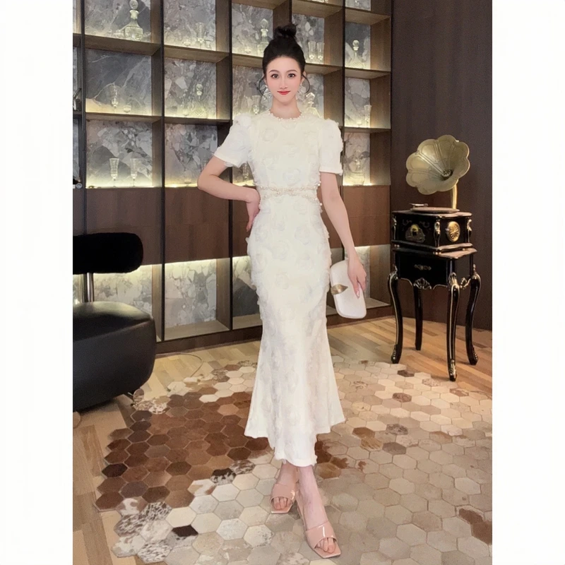 21647气质新中式夏季显瘦复古法式长款修身名媛提花优雅连衣裙