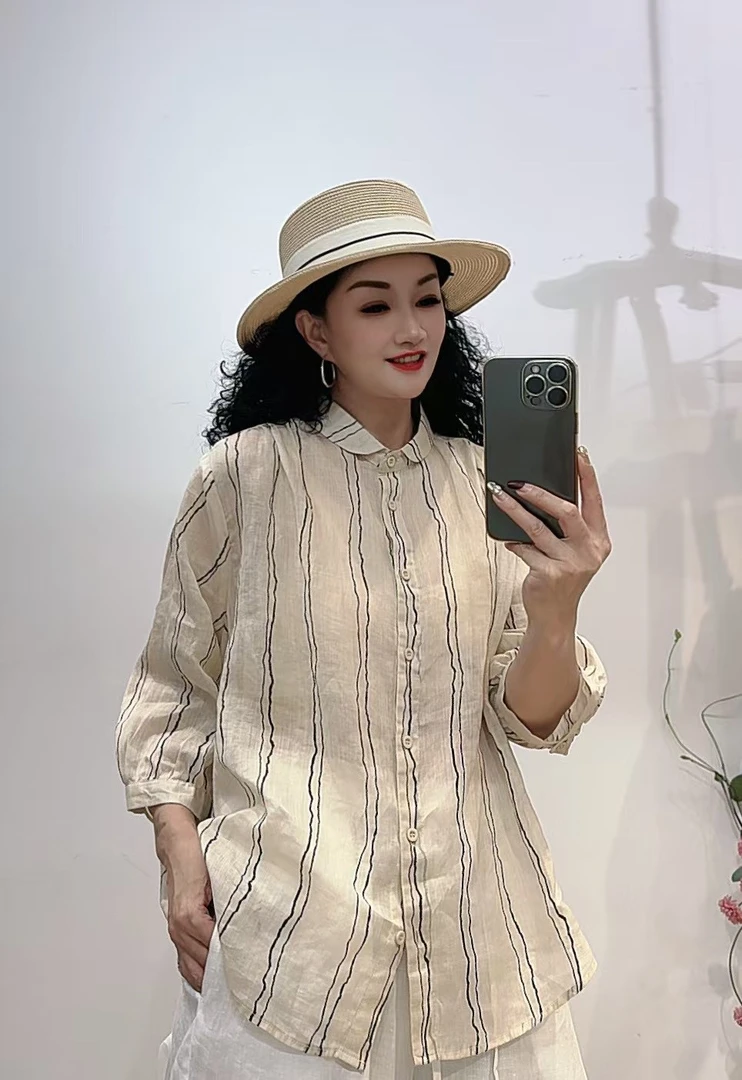 【元宝领条纹衬衫】西缺春夏纯苎麻衬衫宽松衬衣小衫休闲防晒透气