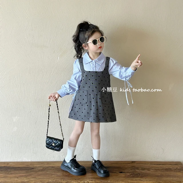 女童灰色波点假两件衬衣裙连衣裙2025春新款女孩缪系千金感公主裙