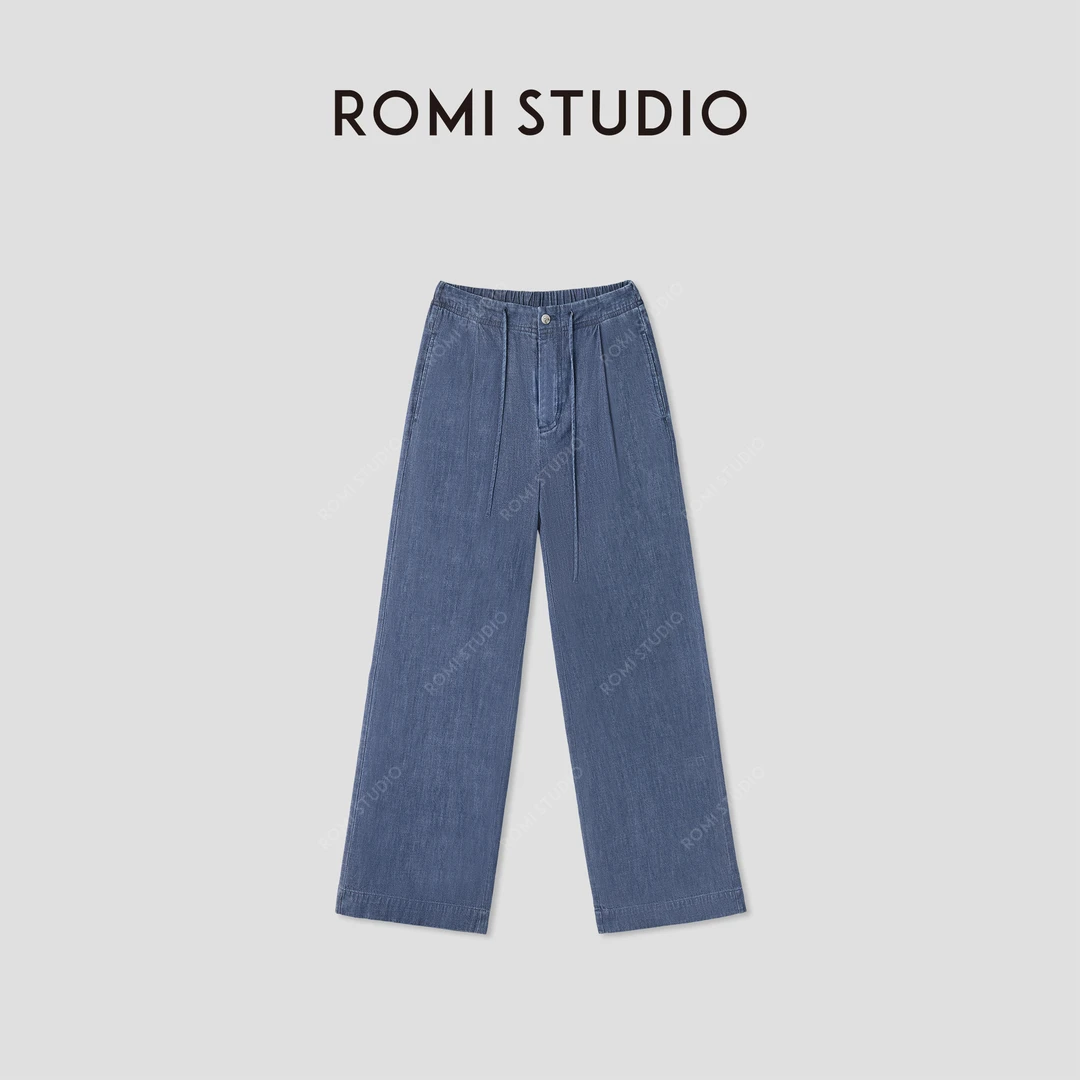 ROMI STUDIO“汉麻牛仔”汉麻棉混纺松紧腰宽松薄牛仔裤 RWCSXD3468