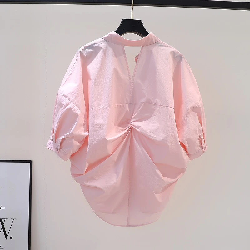 设计感露背棉衬衫女粉红色宽松7分袖衬衣2024夏港味时尚百搭上衣
