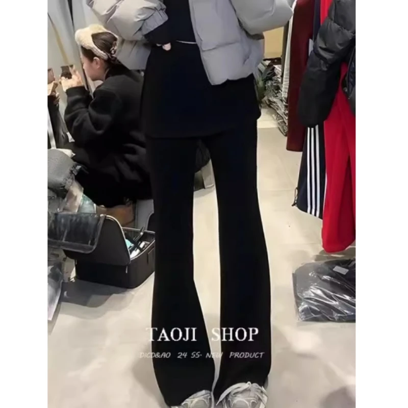 胖mm高级设计感假两件屁帘微喇叭裤女春秋高腰梨形身材显瘦休闲裤