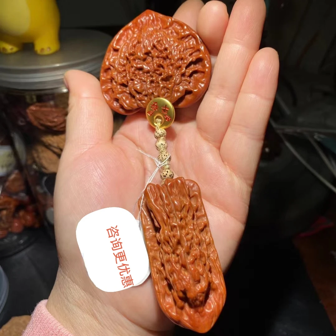 双截棍文玩核桃福禄双生双截棍官帽核桃扁挂件手把件桃核护身女士