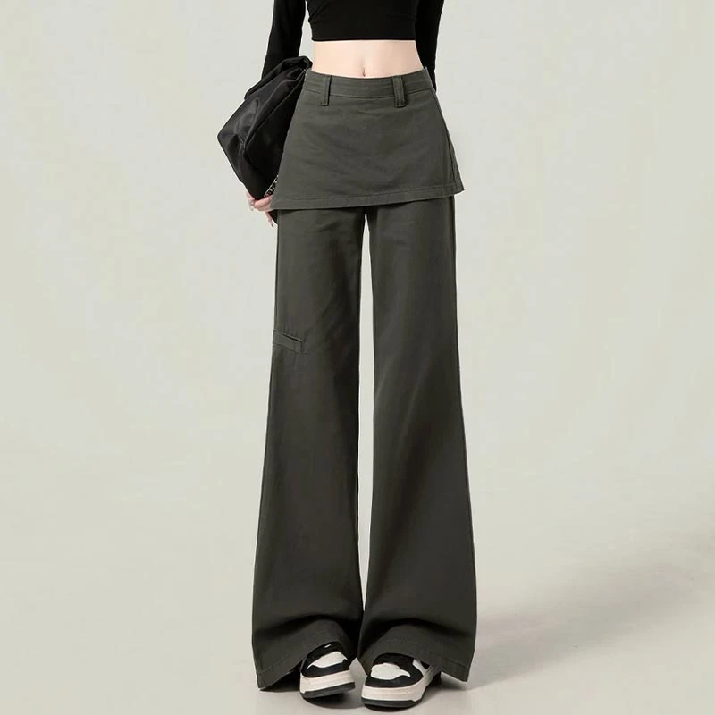 复古假两件设计感微喇工装裤女2025年春季新款宽松休闲牛仔阔腿裤