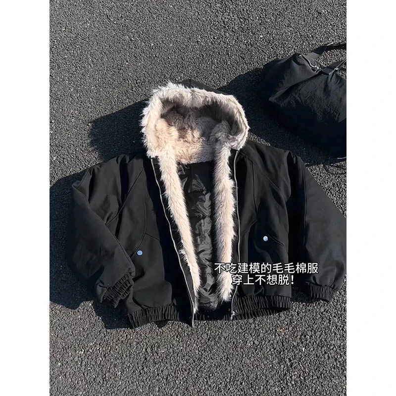 美式座山雕毛领连帽棉服男款冬季加厚保暖短款拼接工装棉袄外套