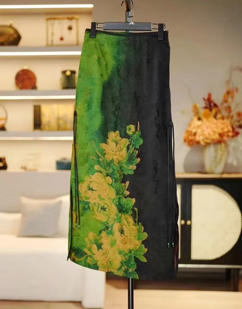 荷塘月色--新中式国风高订斜襟老料半身裙2024秋冬新款重磅半身裙