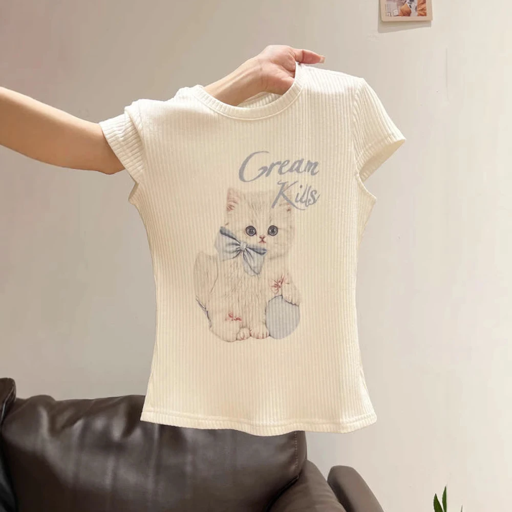 美式甜辣妹猫咪白色正肩短袖t恤女夏季新款修身显瘦收腰短款上衣