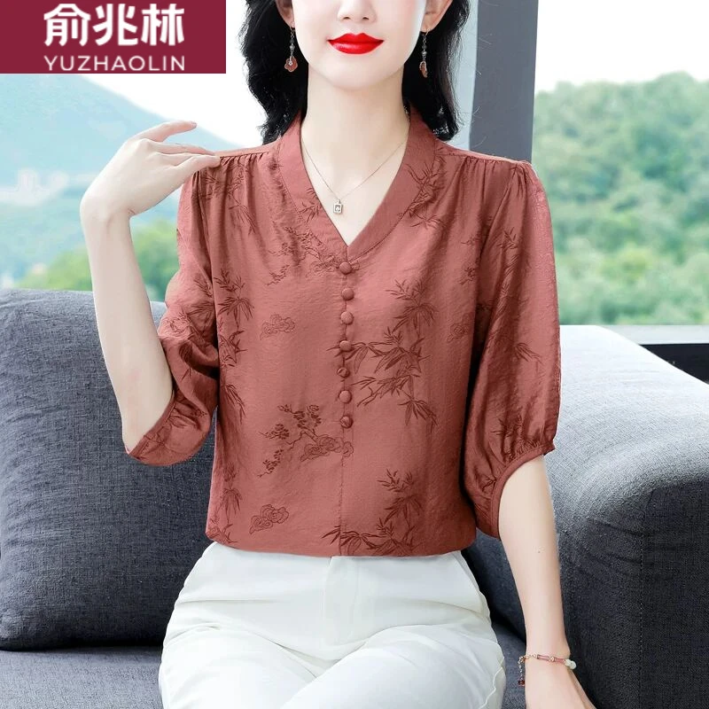 俞兆林天丝仿棉麻衬衫女士2025年夏季新款妈妈夏装高端亚麻洋气七
