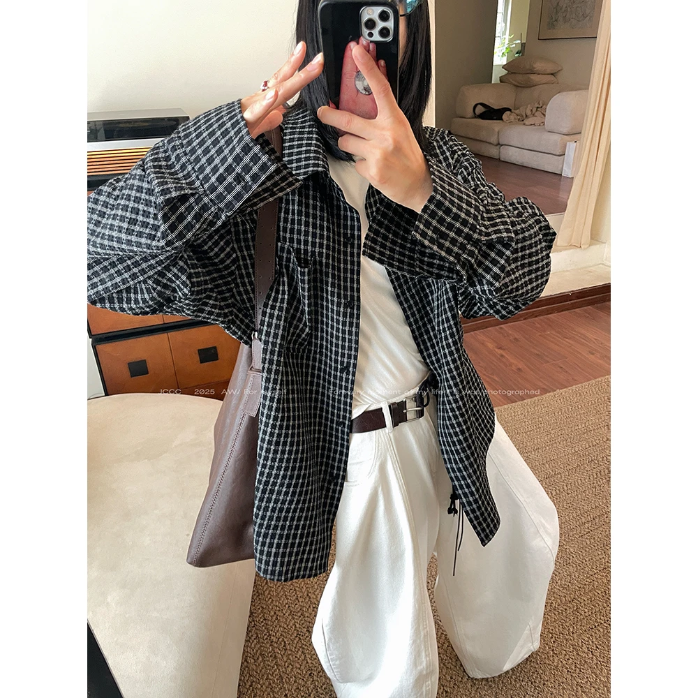 JCCC影子【拼格】黑白格袖口可拆卸慵懒百搭长袖衬衫JE5BBC11