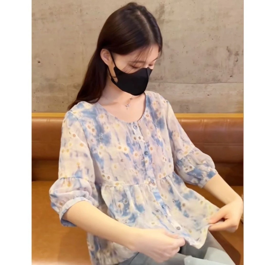 时尚印花雪纺衬衫女2025夏季新款宽松遮肚子显瘦短袖荷叶边娃娃衫