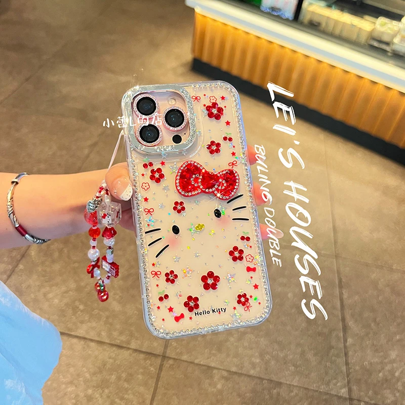 星星闪粉水钻kitty蝴蝶结樱花手机壳14适用15pro苹果16promax可爱