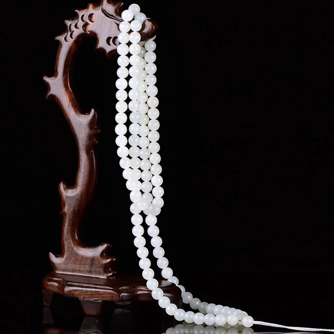 天然和田玉羊脂白玉石项链男女圆珠108颗复古佛珠毛衣链挂绳链子