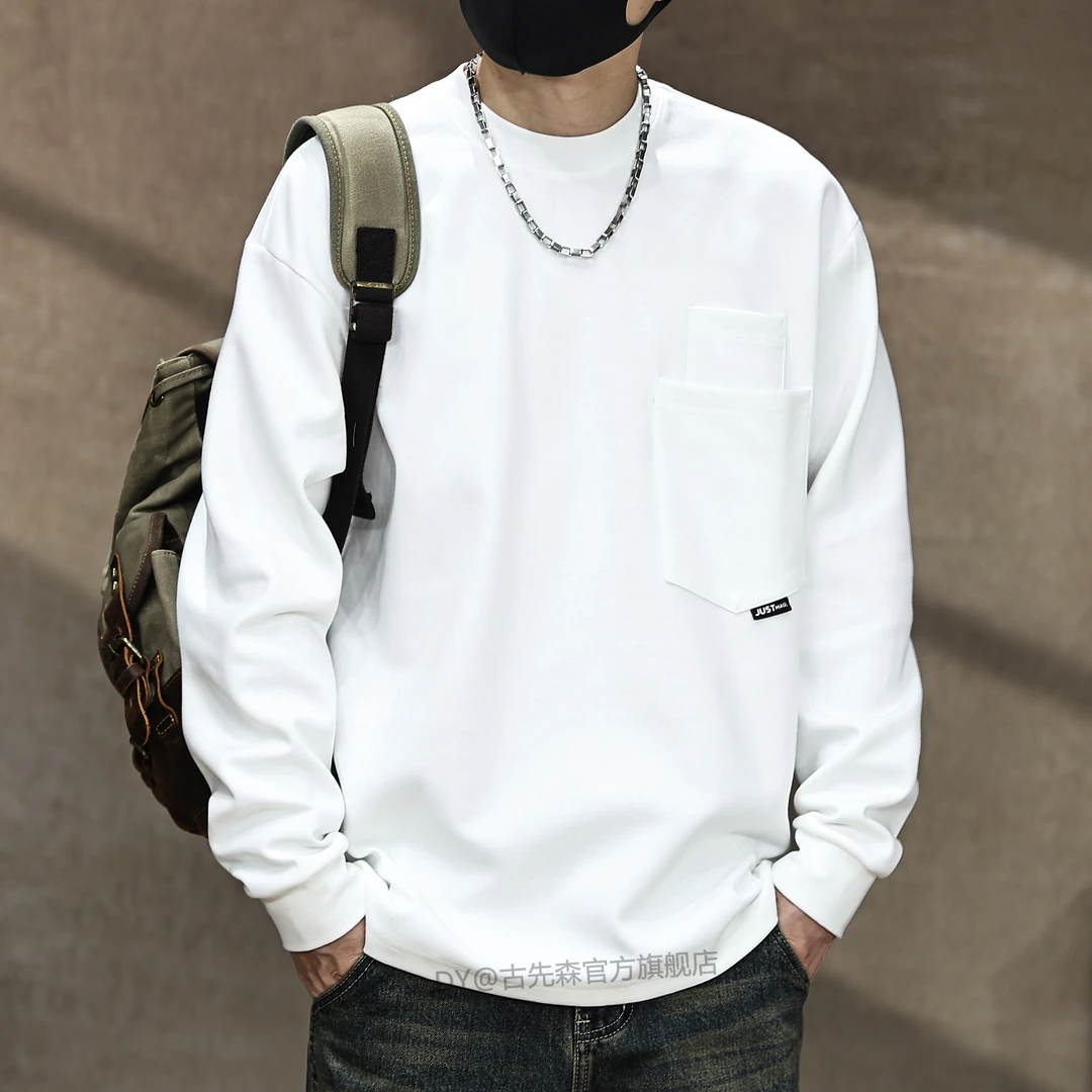 高品质260g重磅口袋长袖T恤男秋季新款美式简约纯色基础体恤上衣T