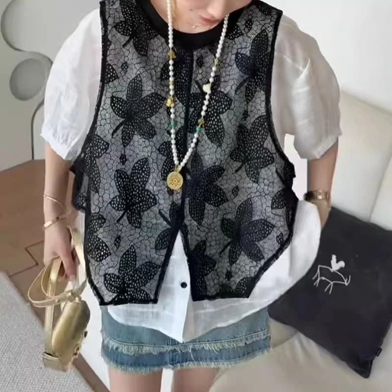 圆领短袖雪纺衫女2025夏季新款网红时尚提花马夹拼接假两件上衣潮