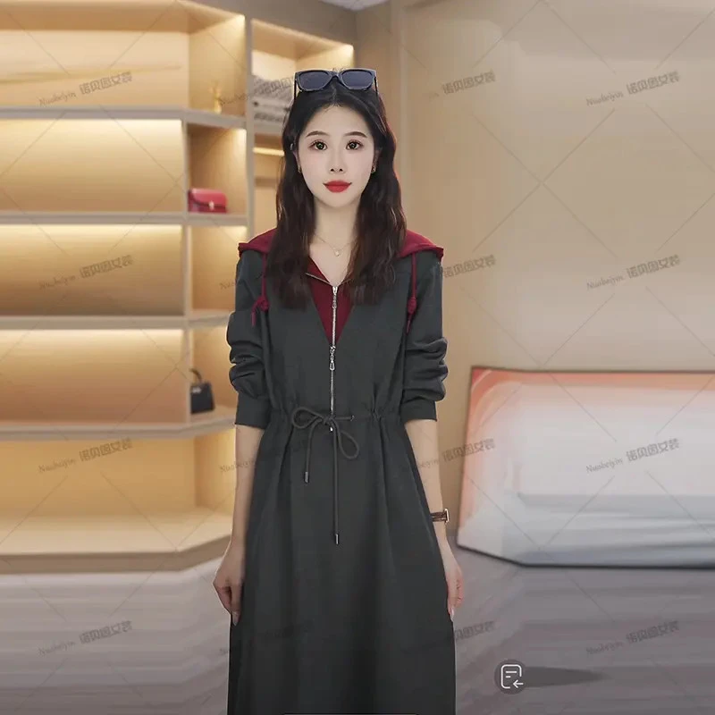 nuobeiyin/诺贝因秋季款收腰显瘦假两件拼接连帽连衣裙NNBY660849