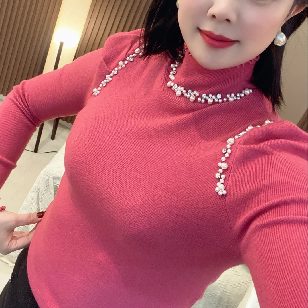 UJIA『新粉必拍』木耳边钉珠安迪绒高领针织长袖修身均码冬女9106