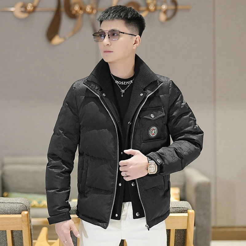 【清福利】冬季潮牌时尚提花假两件羽绒服男休闲百搭保暖修身外套