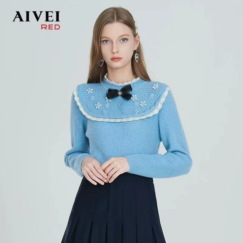 【陈大可专属】AIVEI春减龄甜妹半高领钉珠套头针织衫P0660162