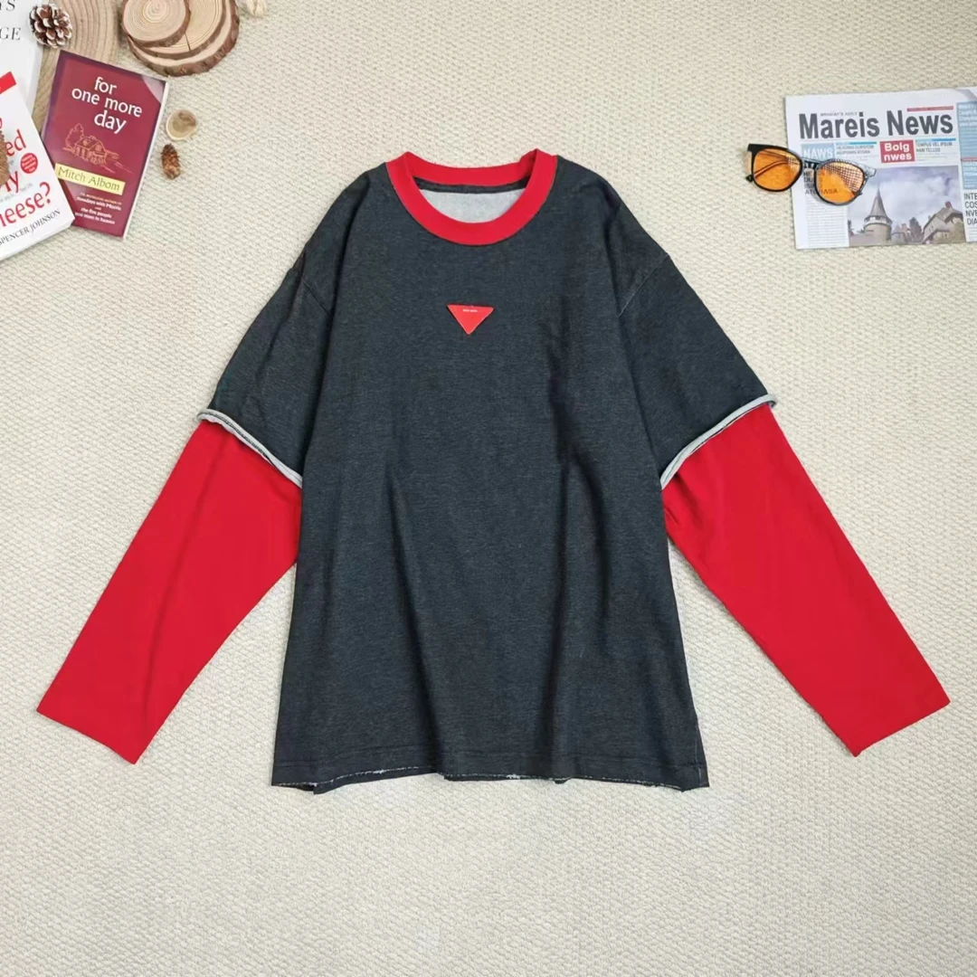 2024秋季新款休闲时尚百搭纯色拼色假两件打底长袖T恤8372