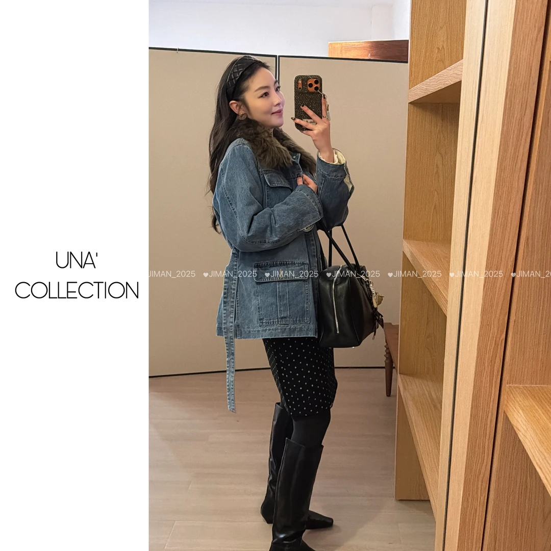 【吉满】自制款真毛领夹90羽绒中长款复古蓝牛仔外套JM3048