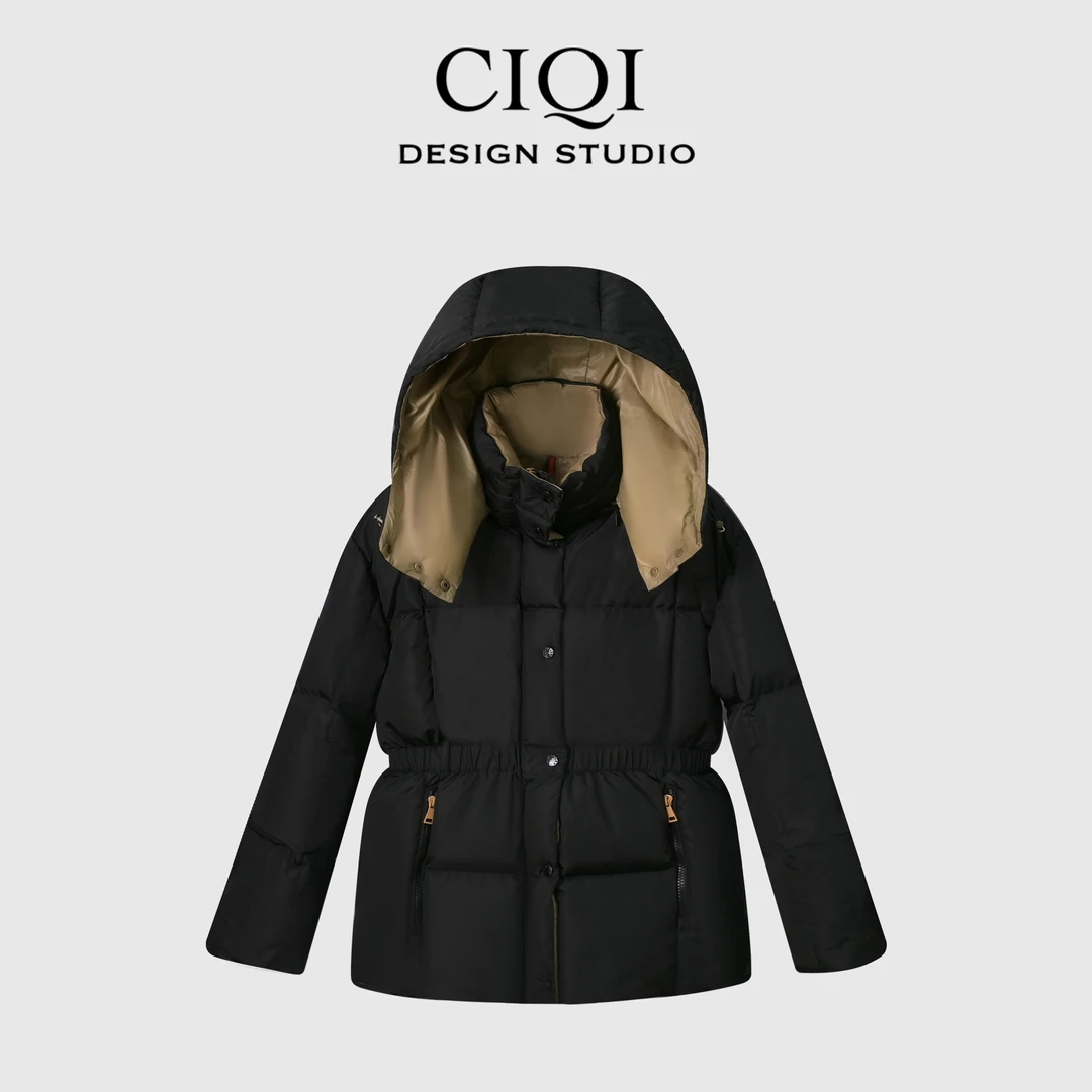 CIQI STUDIO秋冬90%白鹅绒可拆卸连帽松紧收腰绗缝面包羽绒服2002