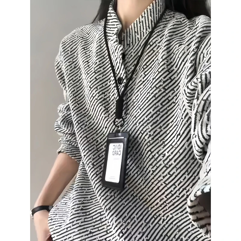 黑白条纹亨利领卫衣男女秋季重磅小香风长袖t恤美式polo领打底衫