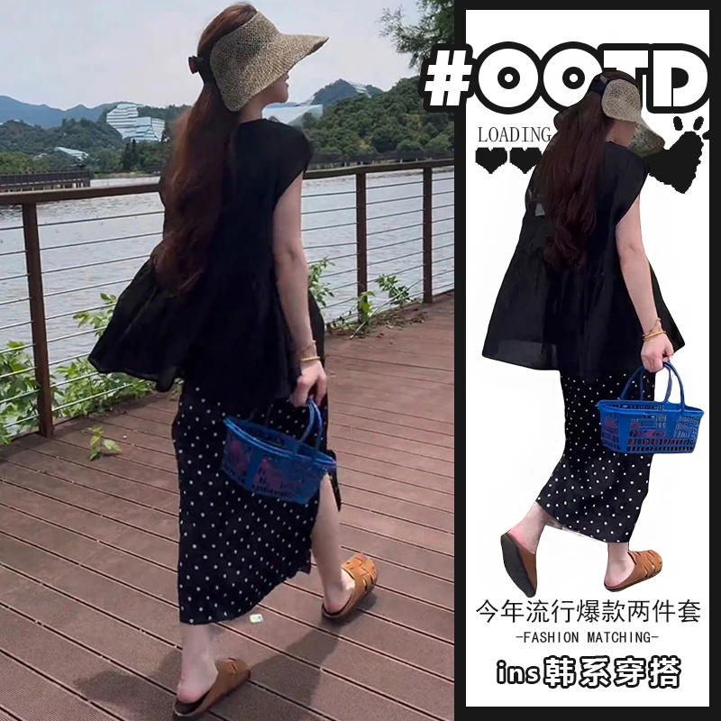 夏装搭配一整套女夏2025新款高级感无袖上衣显瘦波点半身裙两件套
