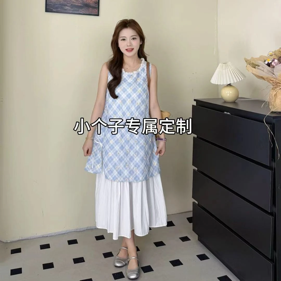 小个子定制蓝色重工刺绣碎花拼接假两件背心裙清新甜美连衣裙