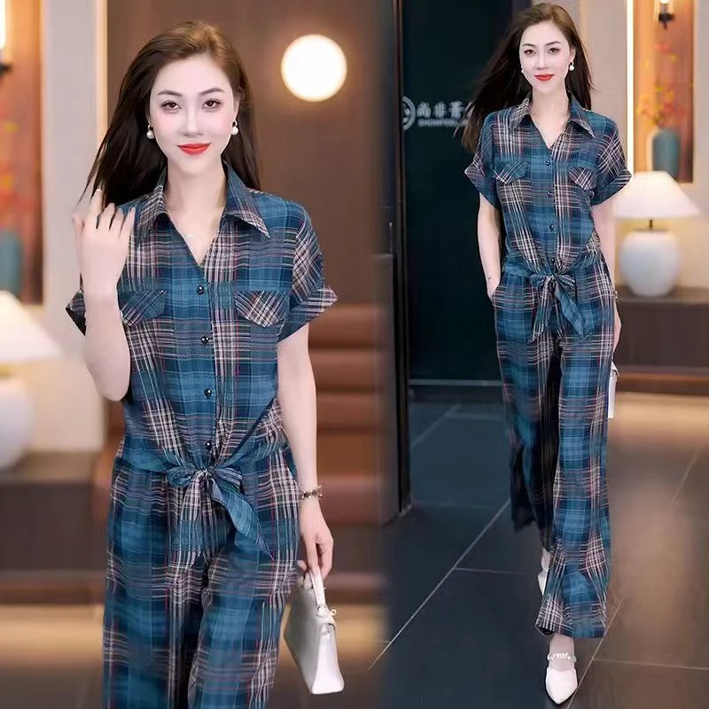 夏季薄款短袖上衣套装九分阔腿裤宽松薄款套装