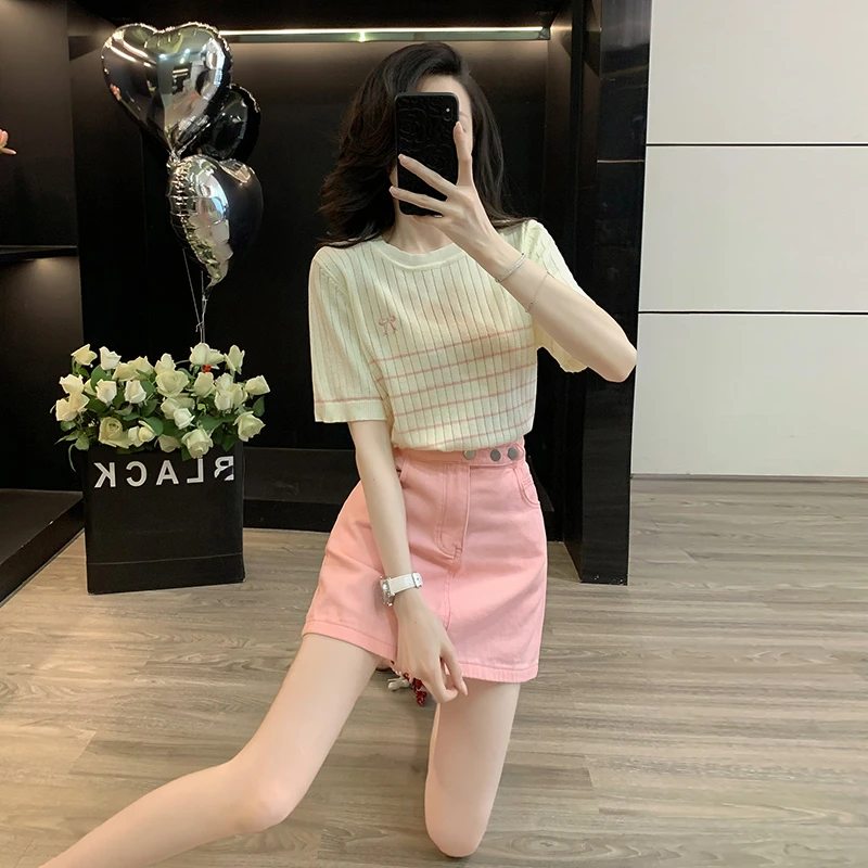 网红穿搭一整套夏季气质针织衫显瘦减龄上衣搭配半身裙套装洋气