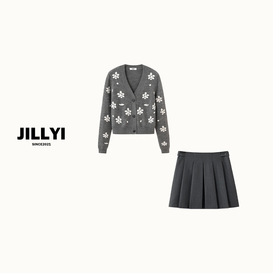 JILLYI珠海店【花瓣雨】+【陨石灰】灰色满满小花开衫+灰色半裙时尚套