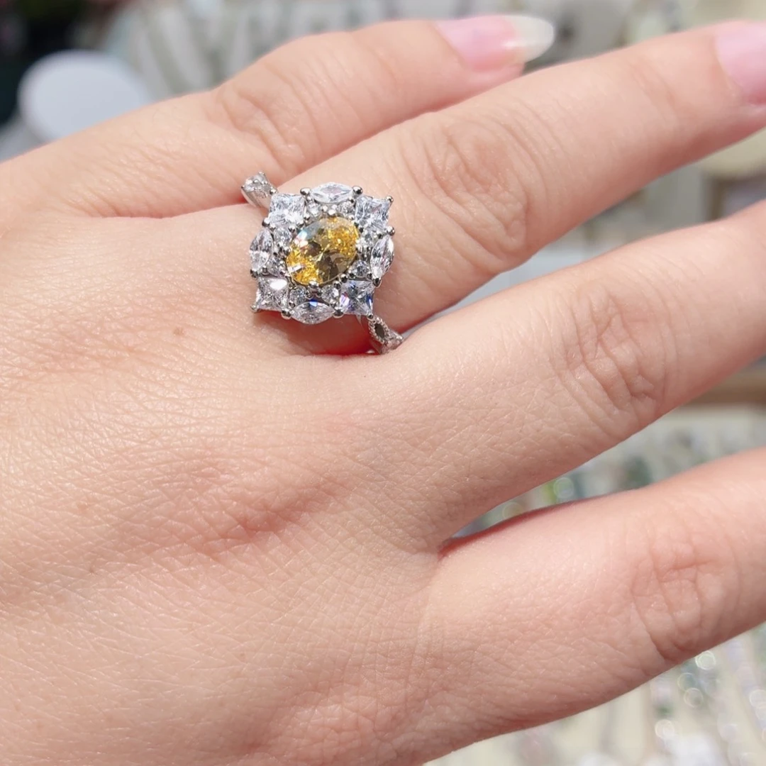 银S925镶嵌合成钻石培育彩色戒指