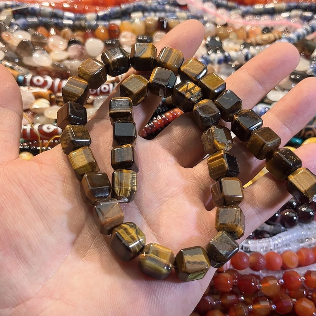 玛瑙/玉髓合金珠宝半成品黄虎眼方糖10mm一条