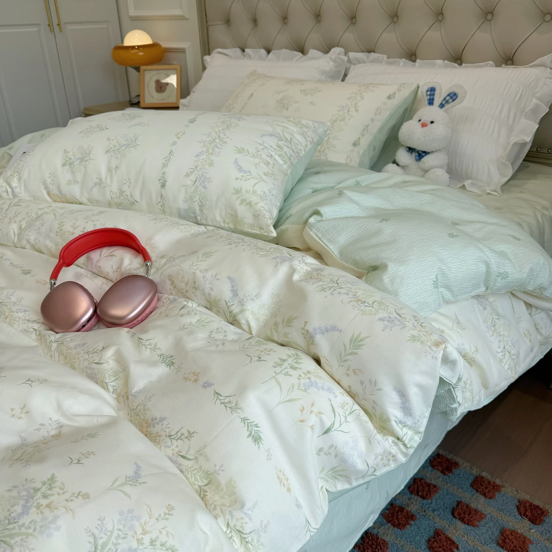 全棉四件套纯棉斜纹小清新印花被套四件套