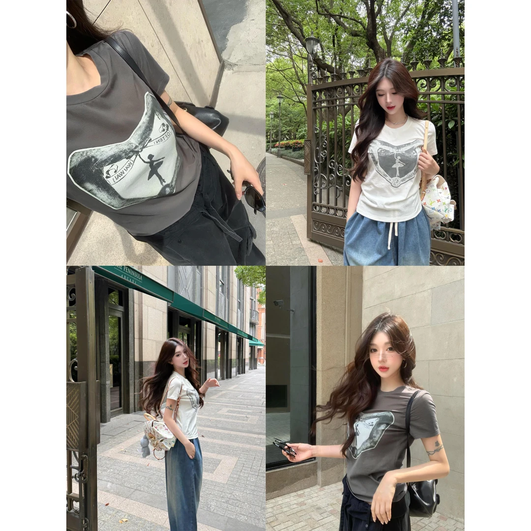 FBB limit百搭休闲短袖T恤女美式复古涂鸦胶印花透气上衣D251214A