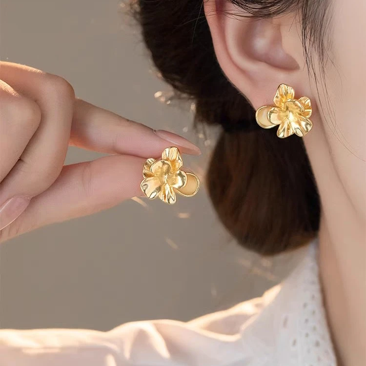 纯铜耳饰 法式金属猫眼花朵耳环无耳洞耳夹轻奢复古小众气质百搭
