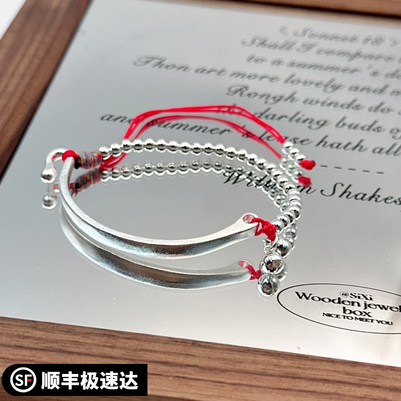 宫铃手链女9999银手绳红绳宝宝儿童新生儿百天礼物银饰简约