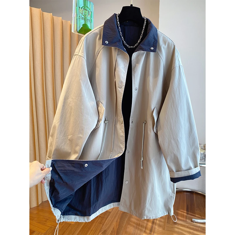 特大码300斤韩系高级感风衣男女中长款新款秋季宽松百搭抽绳外套2