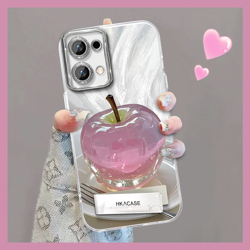 适用opporeno13pro精孔羽纱晶莹粉苹果网红创意支架全包手机壳女