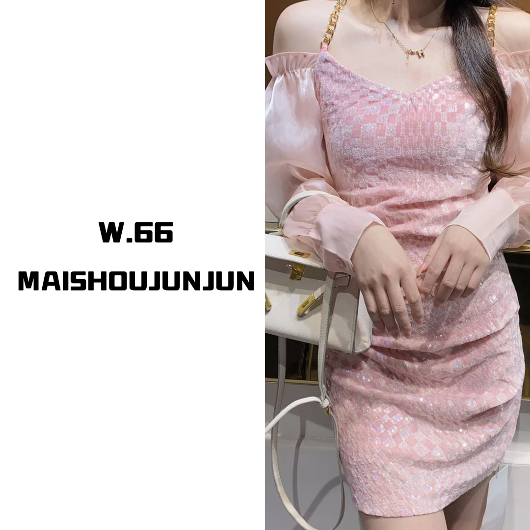 新款长袖短裙显瘦收腰修身露肩设计感连衣裙10111