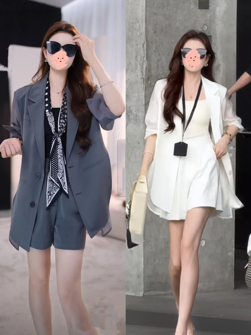 直角肩纸片人薄拼接西装套装女夏季显瘦气质洋气时尚韩版休闲宽松