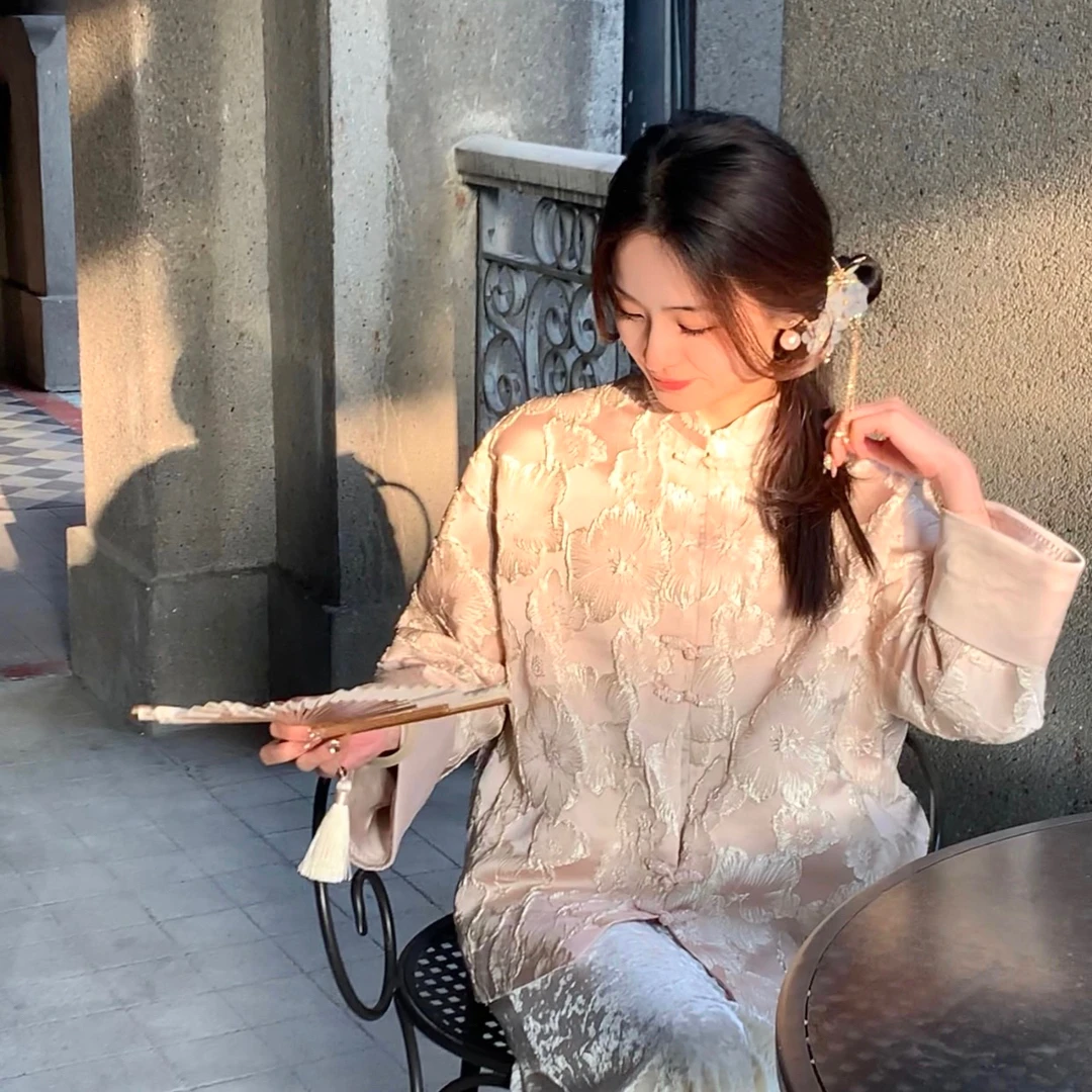 金蘑菇菇 桃之夭夭 灼灼其华/新中式外套 重工双绣缎面万针刺绣
